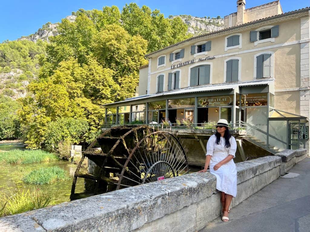 Bejal sitting outside restaurant in Fontaine-de Vaucluse