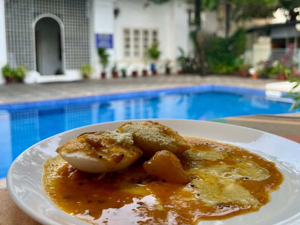 Idli Sambar breakfast beside pool at Dutch Bungalow, Fort Kochi