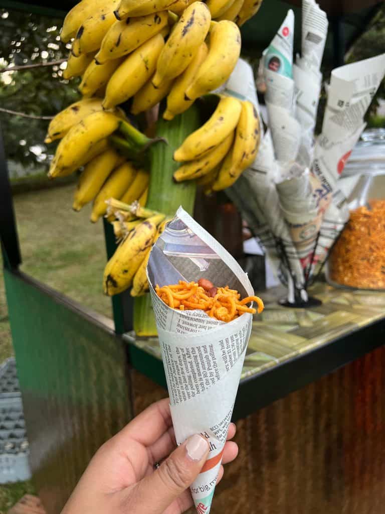 Deep-fried snacks in a newspaper cone at The Leaf Resort, Munnar