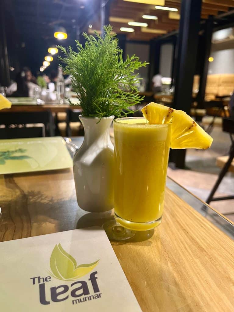 Pineapple juice at Green Leaf Resort restaurant in Munnar