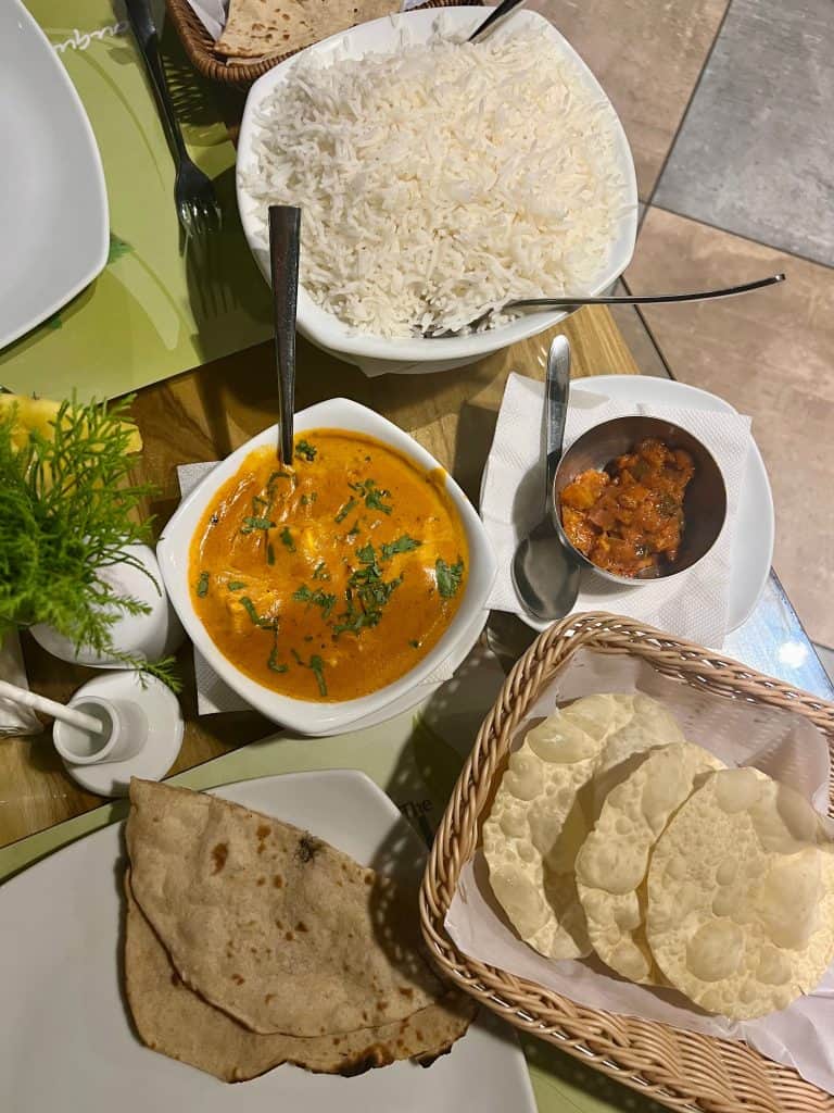Evening meal of curry, rice and roti at Green Leaf Restaurant, Munnar