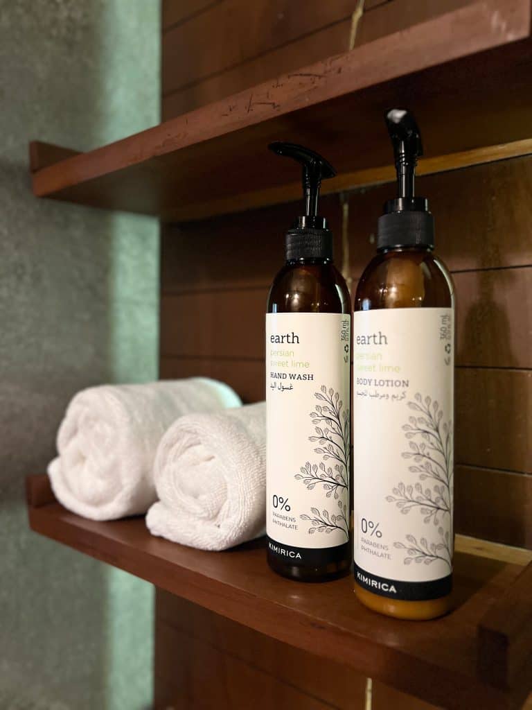Bathroom toiletries and towels at Greenwoods resort