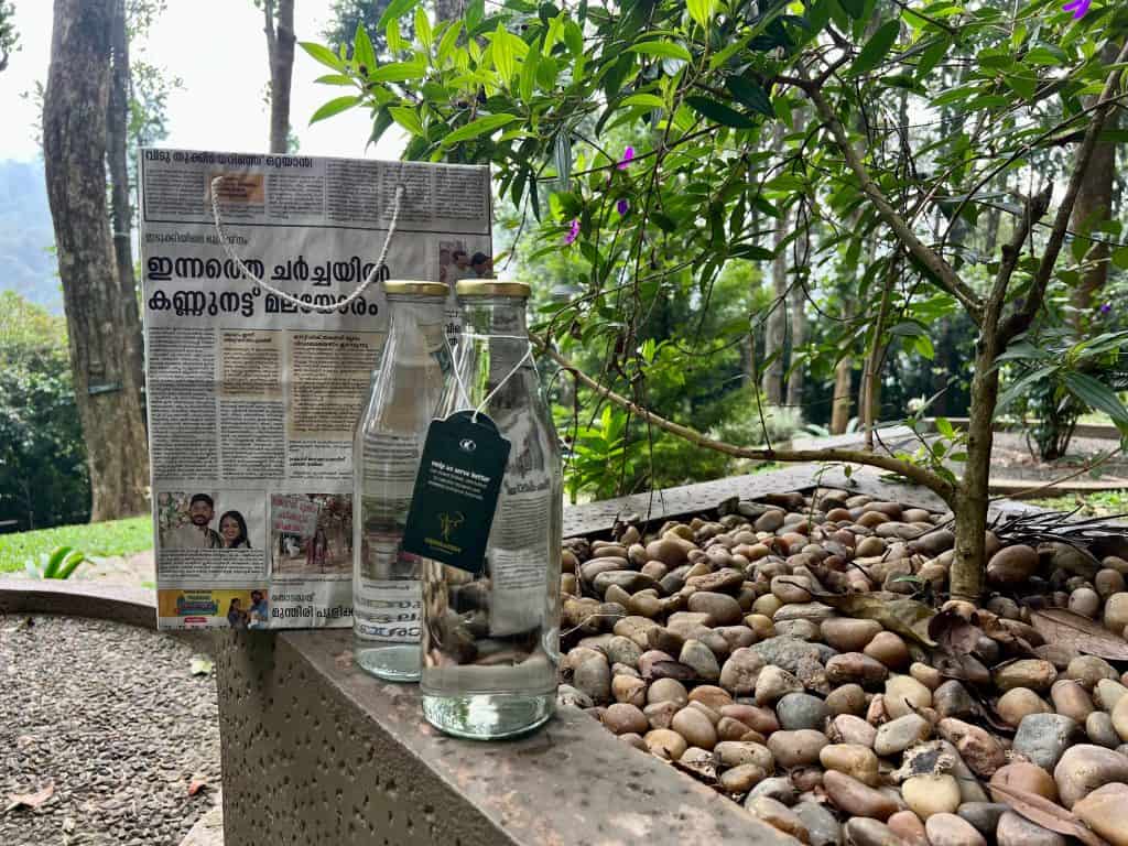 10 day Kerala Itinerary, water bottles and reusable bags at Greenwoods Resort