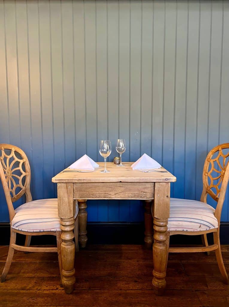 Beautiful Indian Food: The Marquess of Exeter: 2 chairs and table with duck egg panelling background