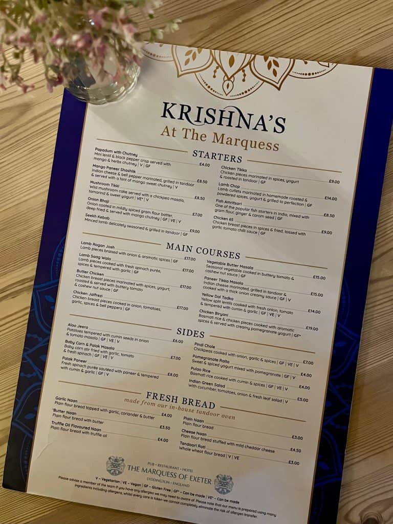 Indian Food & Rooms:The Marquess of Exeter: Krishna's Indian menu