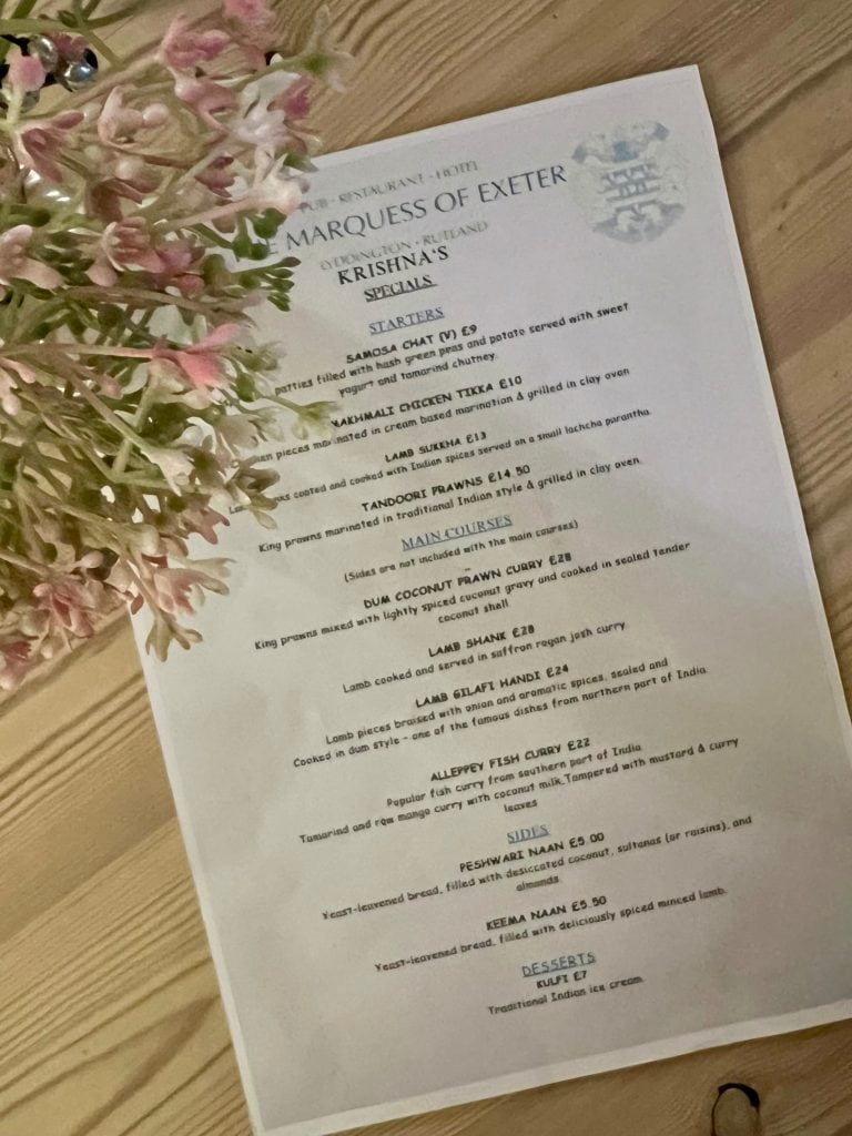 Indian Food & Rooms:The Marquess of Exeter: Krishna's specials menu