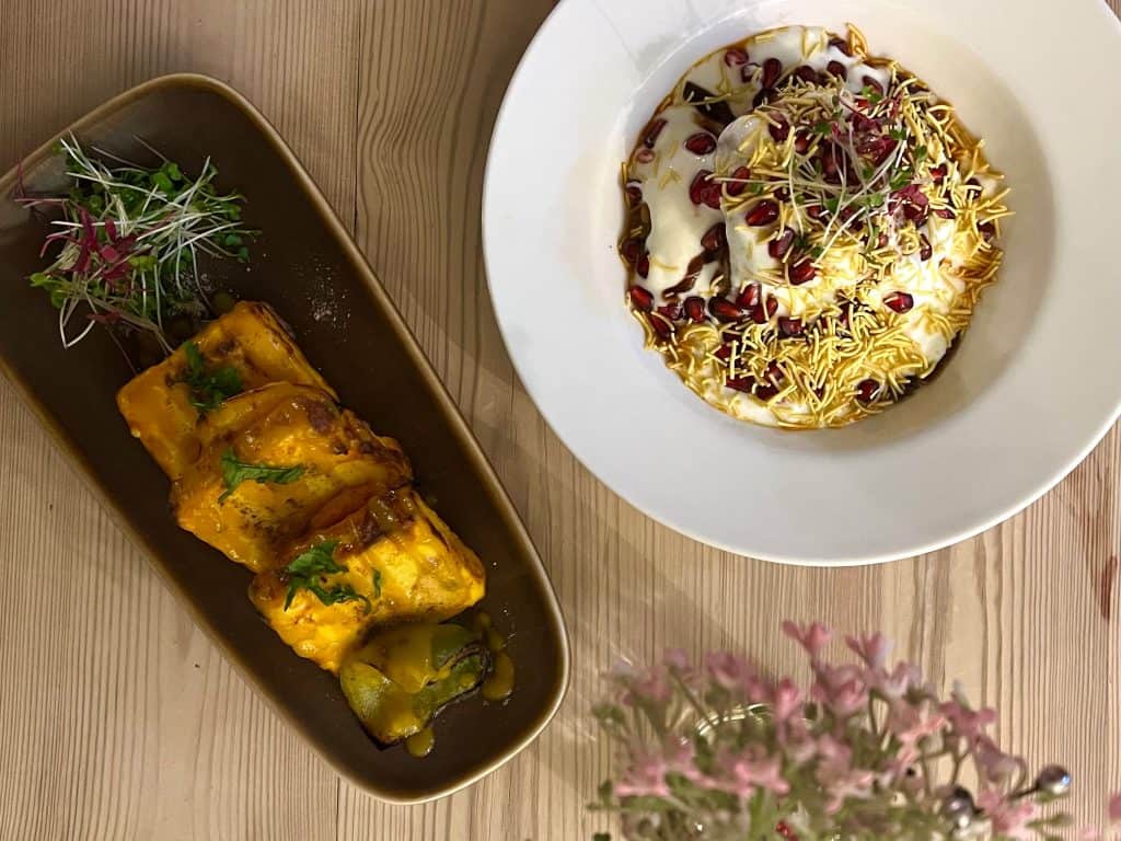 Indian food & rooms Marquess of Exeter: samosa chaat and mango  paneer shashlik top lay starters