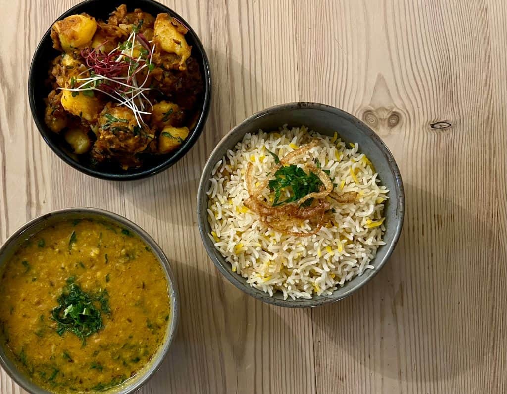 Tadka dal, Aloo Jeera and pilau rice