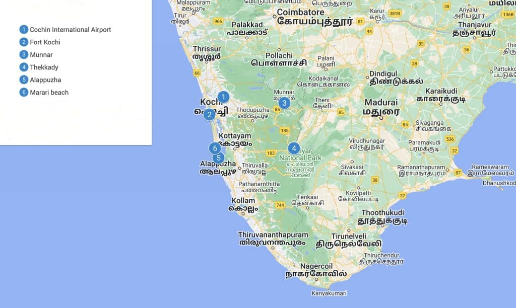 Google Map of 10 day Kerala itinerary destinations