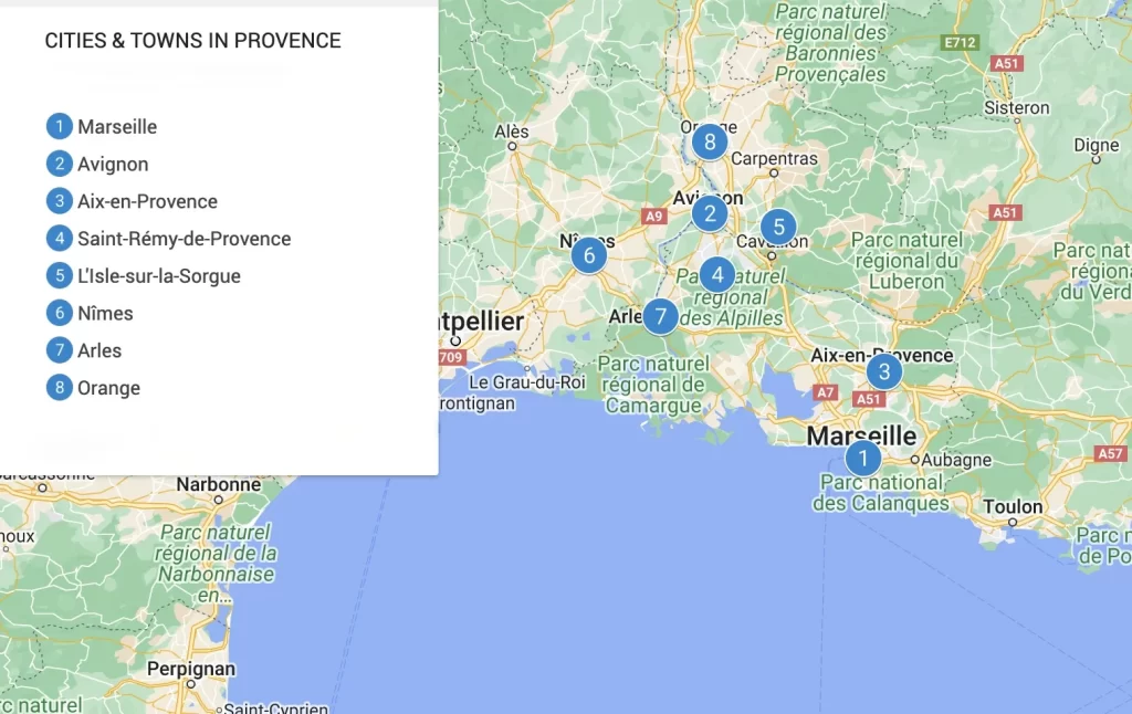 Map of best Towns and Cities to visit in Provence