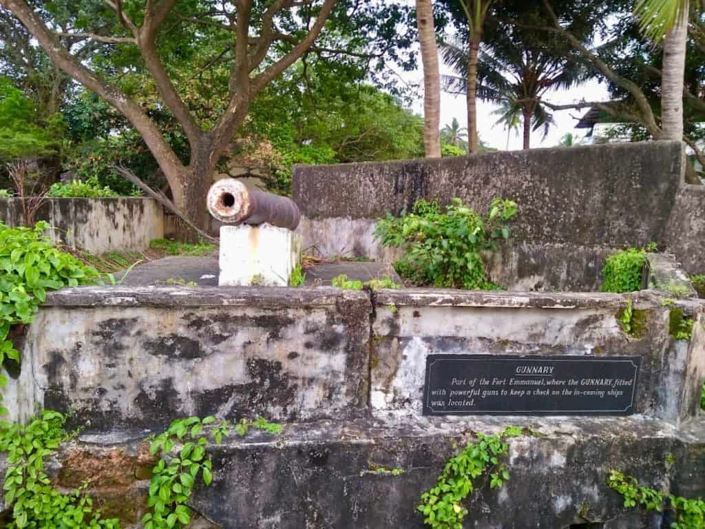 Fort Emmanuel remains with gunnery in Fort Kochi surrounded by grass and weeds.