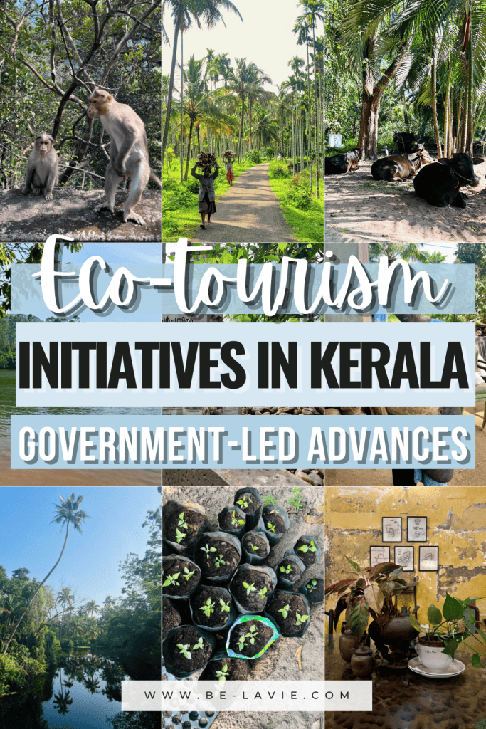 Kerala one of India's most eco-friendly states Pinterest Pin. The pin has various eco-friendly photos of Kerala including vegetable gardens, glass water bottles and local artisans.