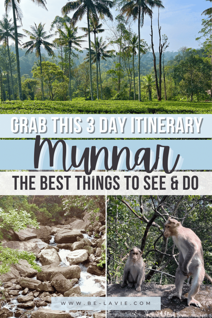 Pinterest Pin with 3 photos overlayed with text saying 'Grab this 3 day itinerary to Munnar. The Best Things to See & Do'