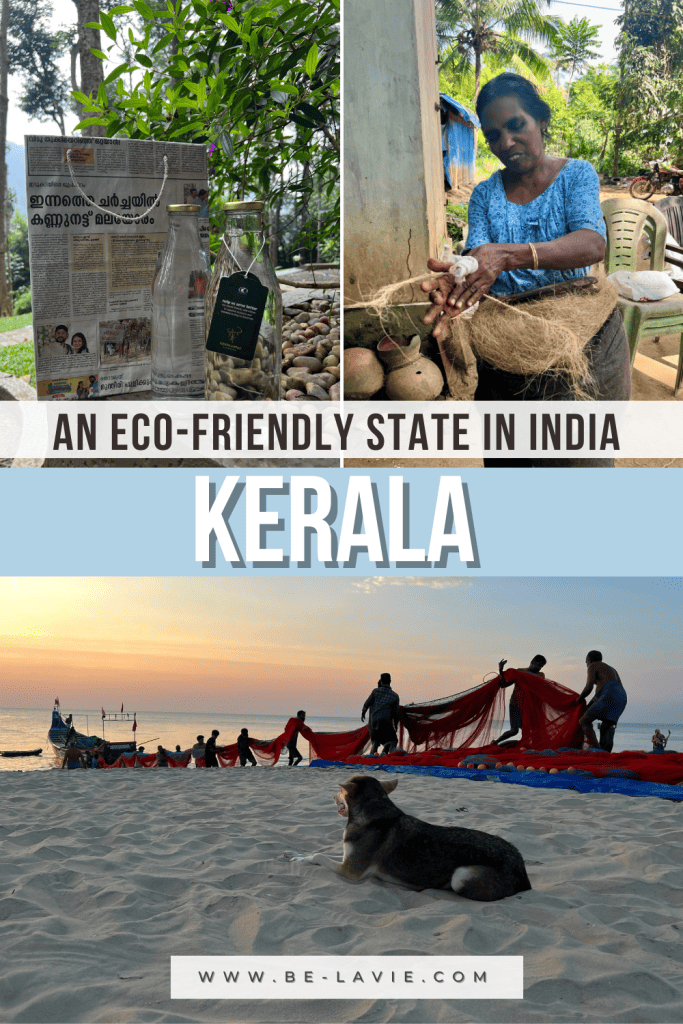 Kerala one of India's most eco-friendly states Pinterest Pin. The pin has various eco-friendly photos of Kerala including vegetable gardens, glass water bottles and local artisans.