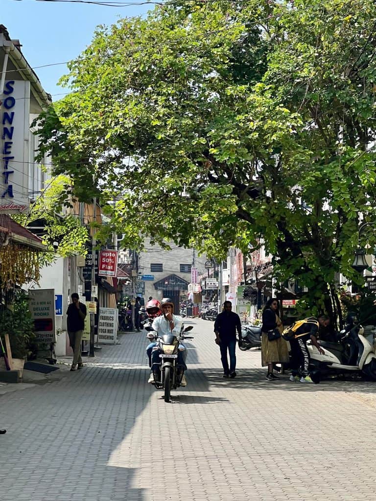 Motorbike driving down Princes Street in Fort Kochi between the cafes, shops and trees.