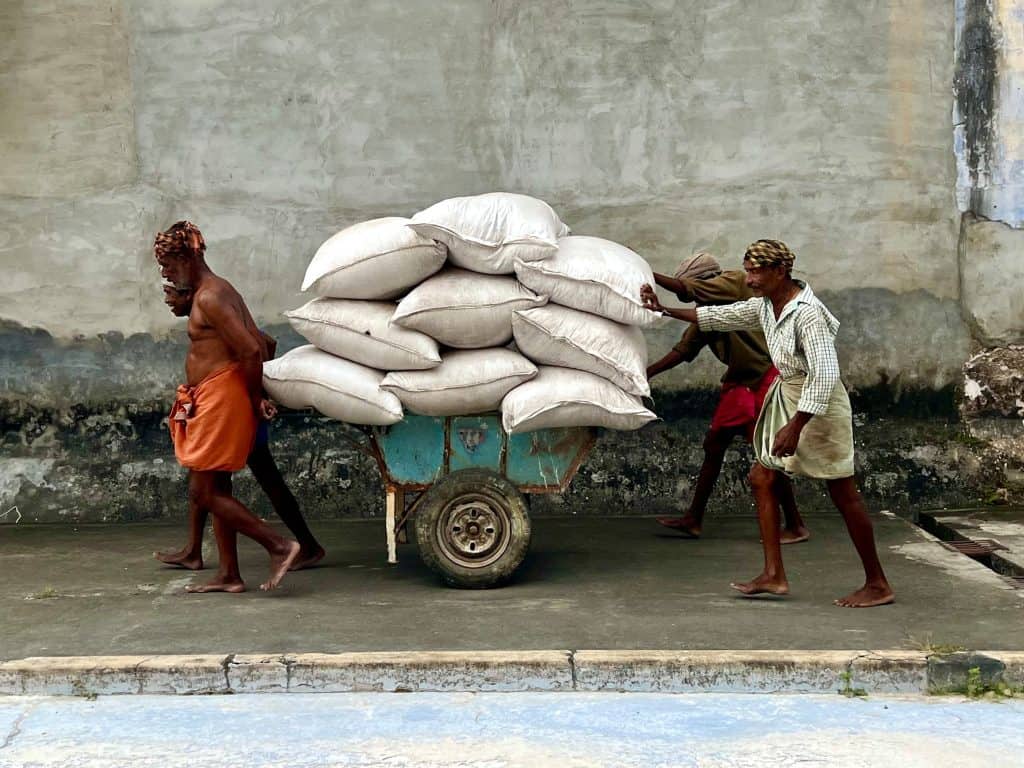 Authentic tours and activities in Kerala: 4 men carrying sacks of peppercorns at factory in Fort Kochi