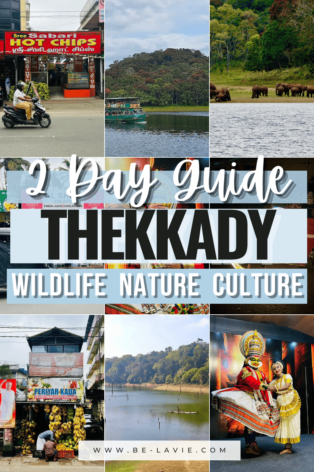 Pinterest pin graphic with 9 images overlayed with text saying '2 dau guide, Thekkady, wildlife, nature, culture