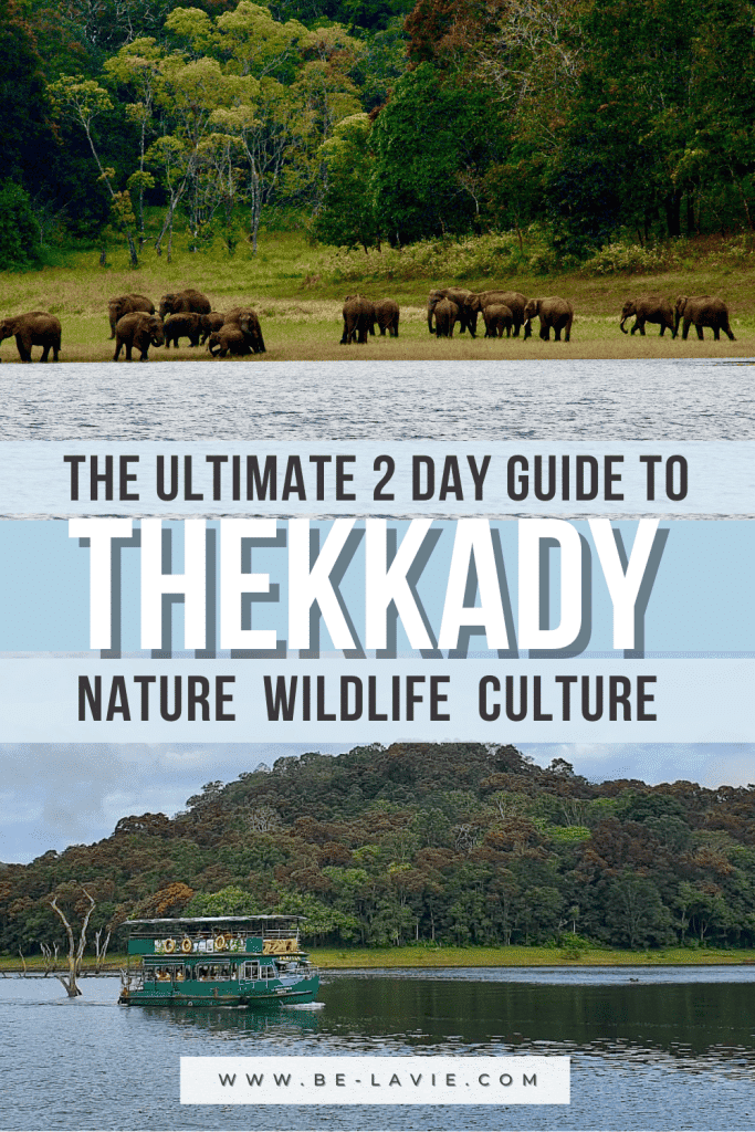 Pinterest pin graphic with 2 images overlayed with text saying 'the ultimate guide to Thekkady, nature, wildlife, culture