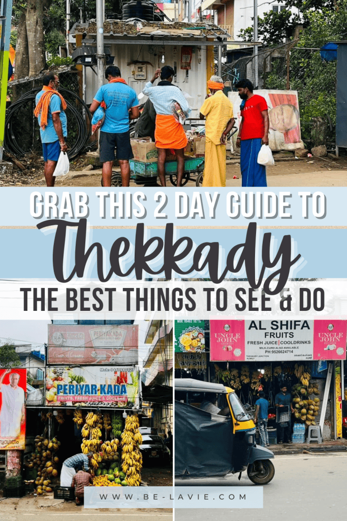 Pinterest pin graphic with 3 images overlayed with text saying 'grab this 2 day guide to Thekkady, the best things to see and do'