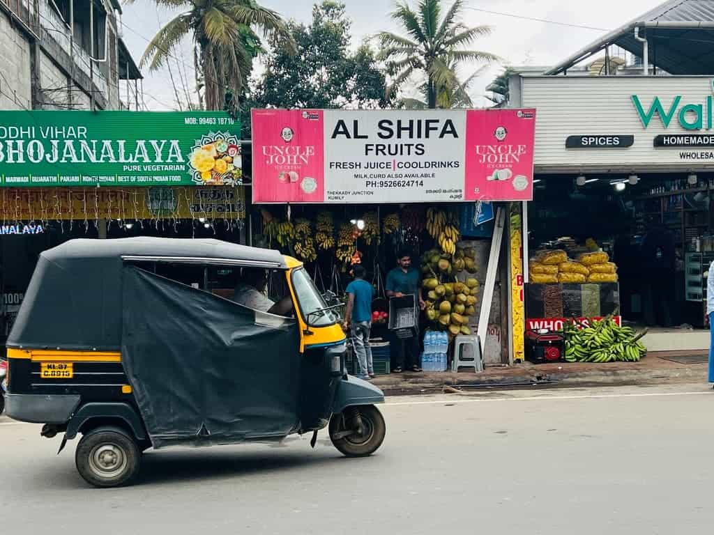 An automatic rickshaw driving past a row of shops in Thekkady centre, Kerala