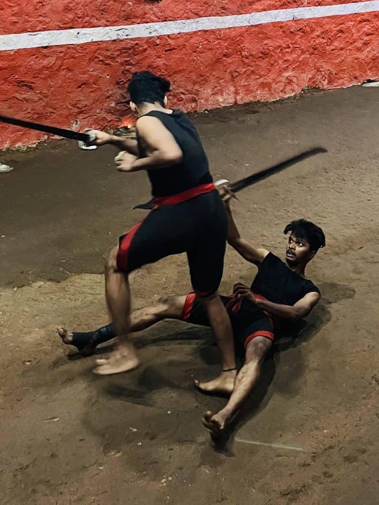 Things to do in Thekkady: Kalaripayattu show at The Mudra Centre and Kalaris using sticks for combat