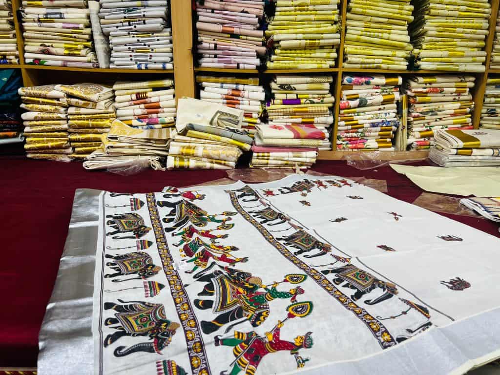 Sarees at the weaving showroom in Alleppey, Kerala.