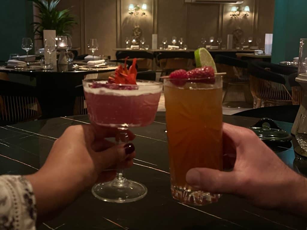 The lavender garden Martini and dark & Stormy cocktails surrounded by atmospheric lighting.