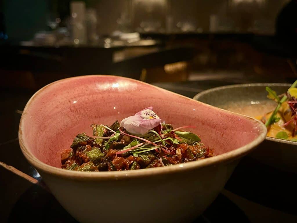 Close-up of achari okra at Varanasi, Leicester
