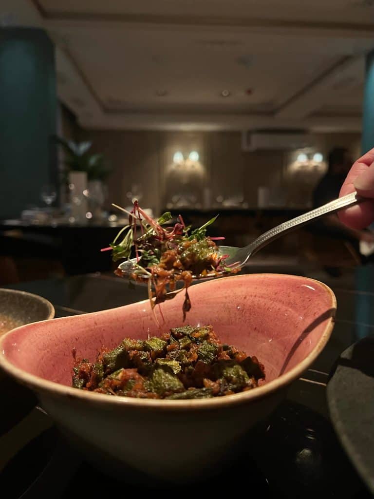 Indian Fine Dining At Varanasi: spoonful of achari okra sides at Varanasi, Leicester