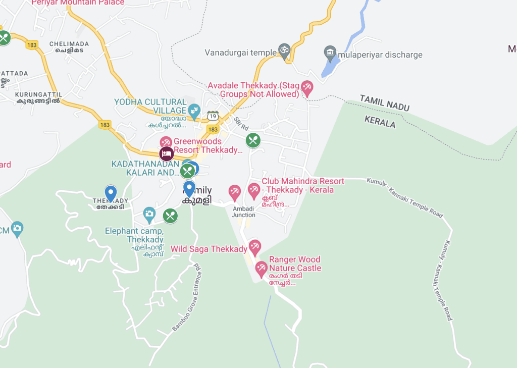 Google map of Thekkady showing the locations of all the points of interest, located in this article.