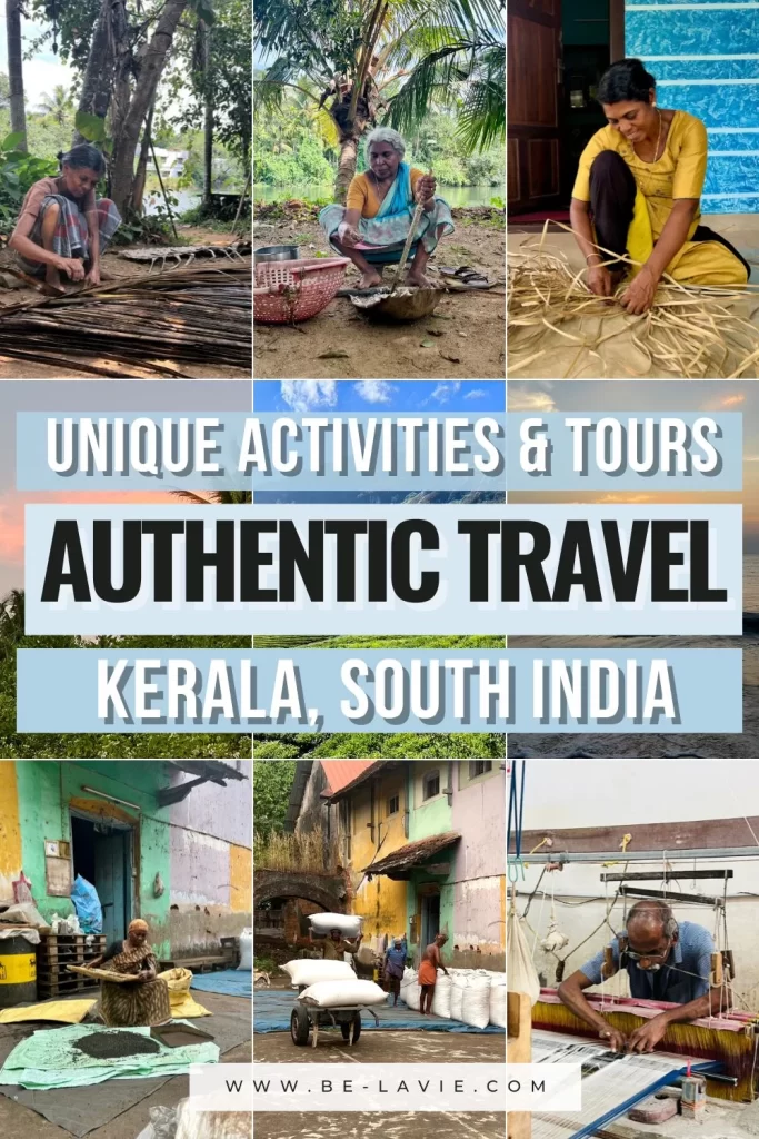 Pinterest Pins for Authentic Kerala tours and activites. 9 images are overlayed with text reading, 'unique activities adn tours in Kerala South India'