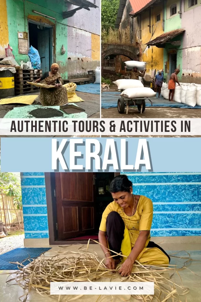 Pinterest pin graphic with 3 images. The images have been overlayed with text reading, 'authentic tours & activities in Kerala'.
