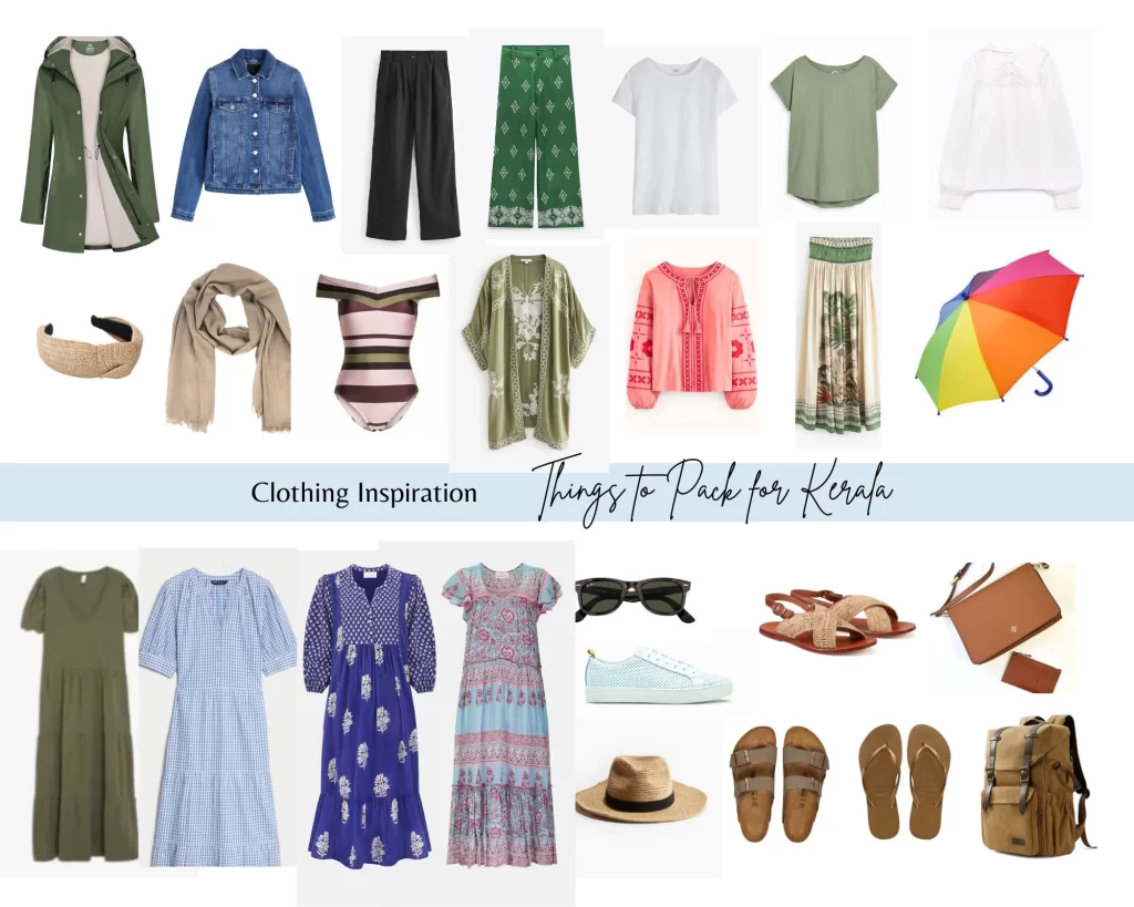 What you need to pack for Kerala: A graphic with a range of clothing to pack for visiting Kerala