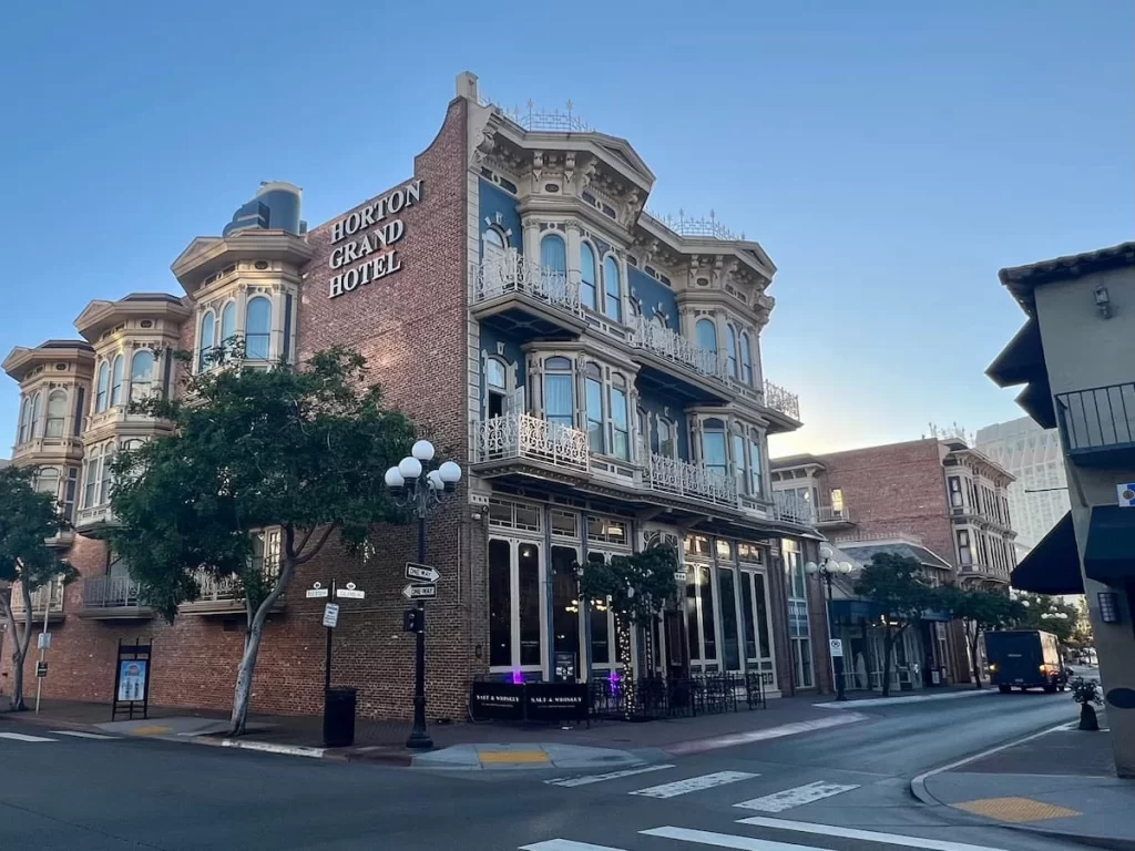 Boutique hotels in San Diego: The exterior of the Victorian-style Horton Grand Hotel in the Gaslamp District