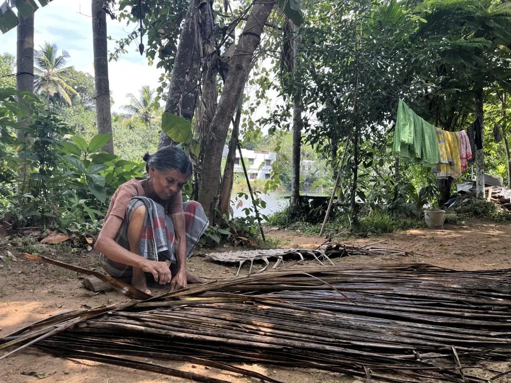 Authentic tours and activities in Kerala: elderly lady weaving palm to make roof coverings at Viakom village