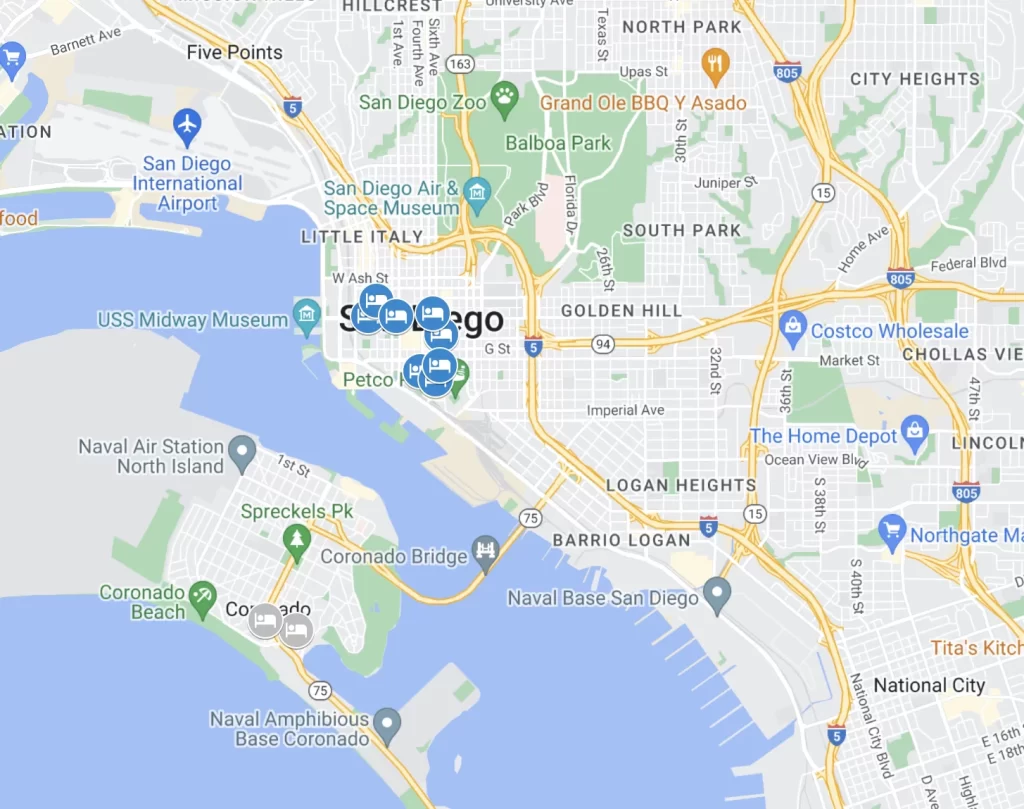 San Diego quirky boutique hotels Google Map screenshots