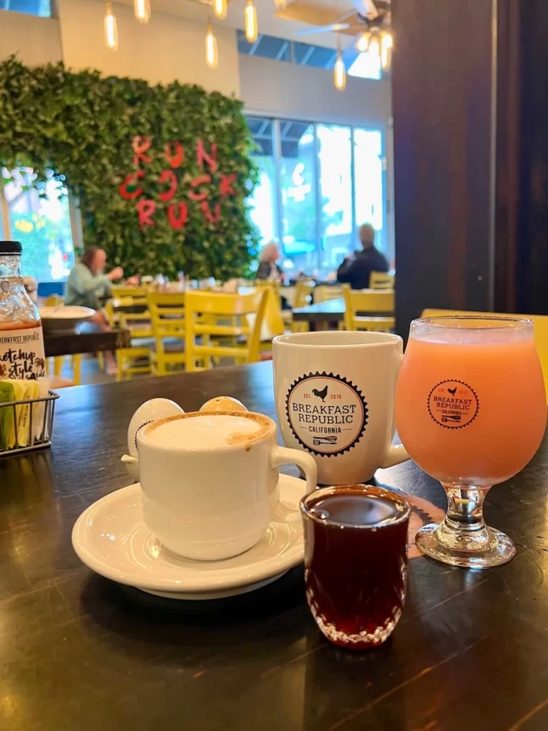 Latte, ornage juice and breakfast shot at Breakfast Republic, San Diego