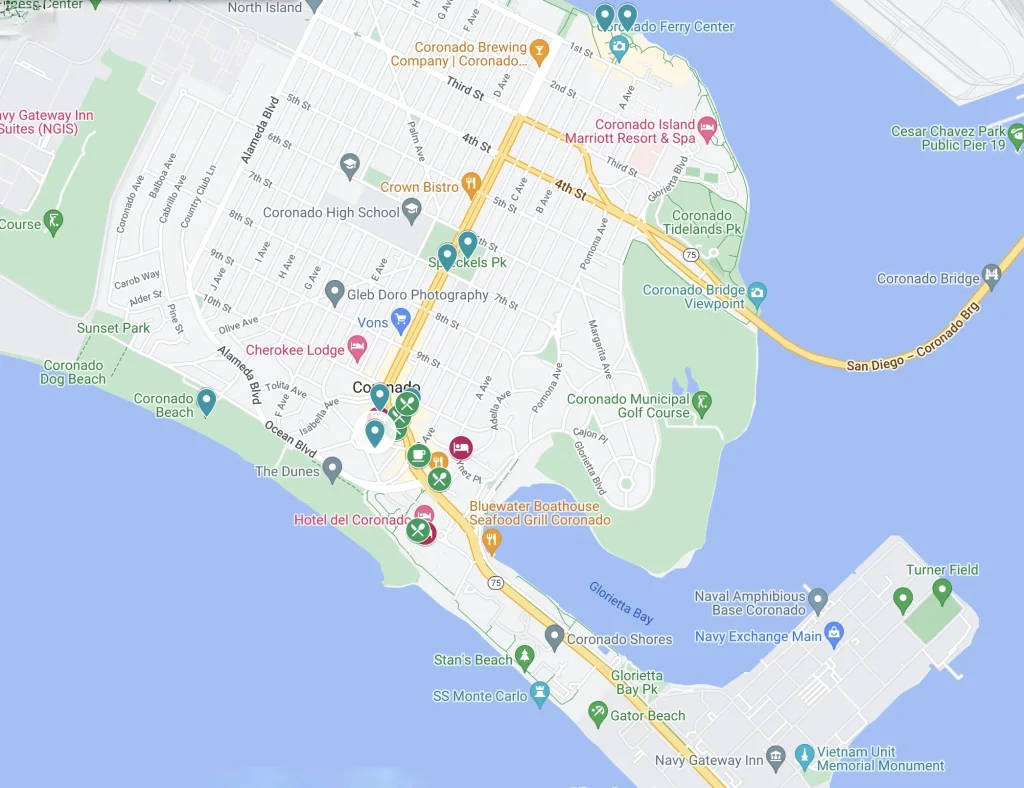 Google Map image of Coronado Island with points of interest marked