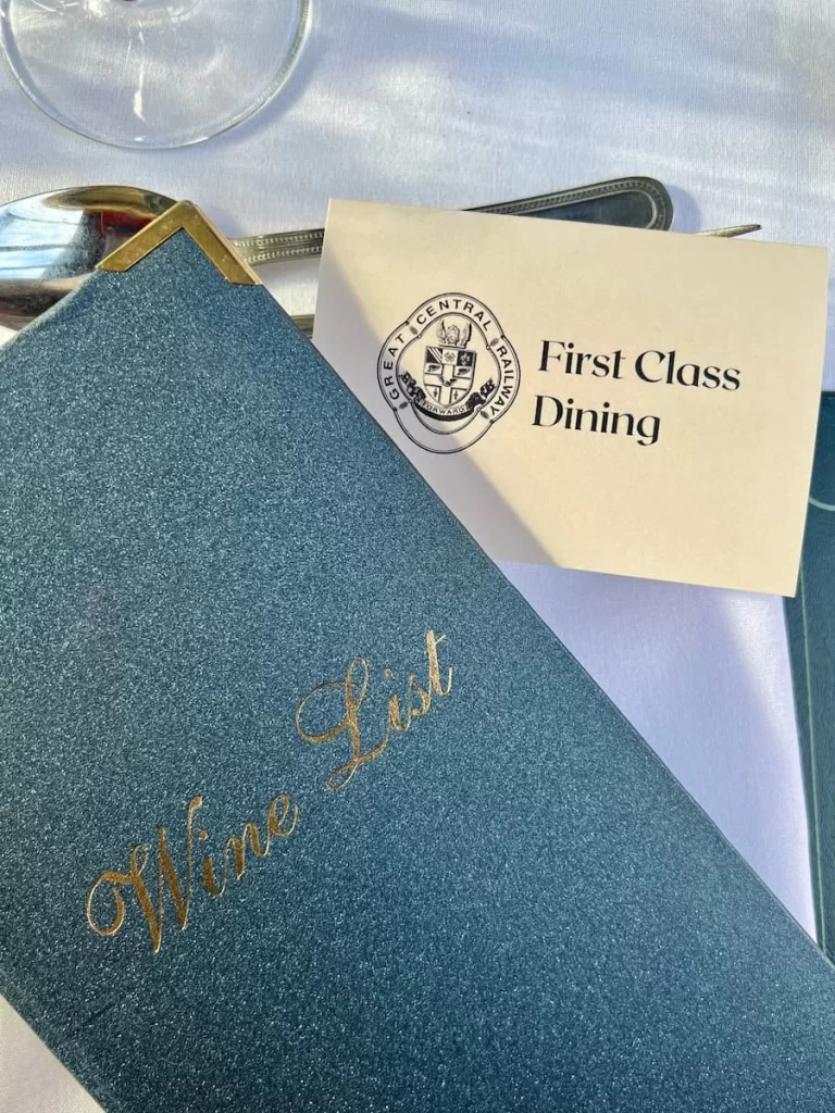 First class dining card with wine list on Great Central railway dining carriage