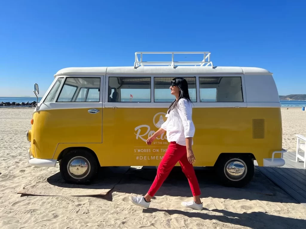 Bejal in front of Hotel del Roaster camper van on Coronado Beach