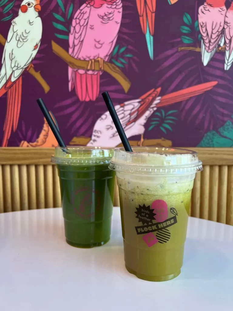 Superfood smoothies against the parakeet bright wallpaper background at Parakeet Cafe, Coronado, San Diego