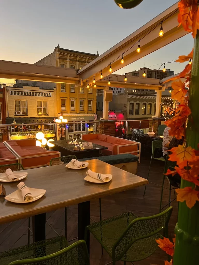The autumnal decorations of the rooftop at Rustic Root