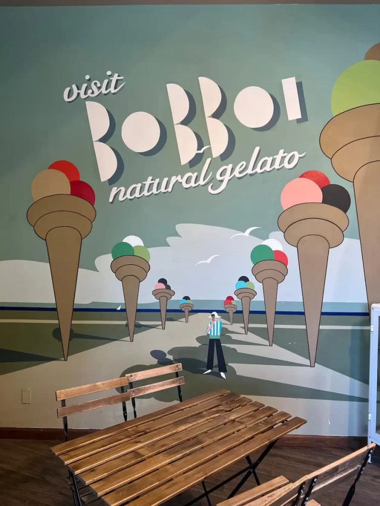 The interior back wall at Bobboi Natural Gelato, San Diego
