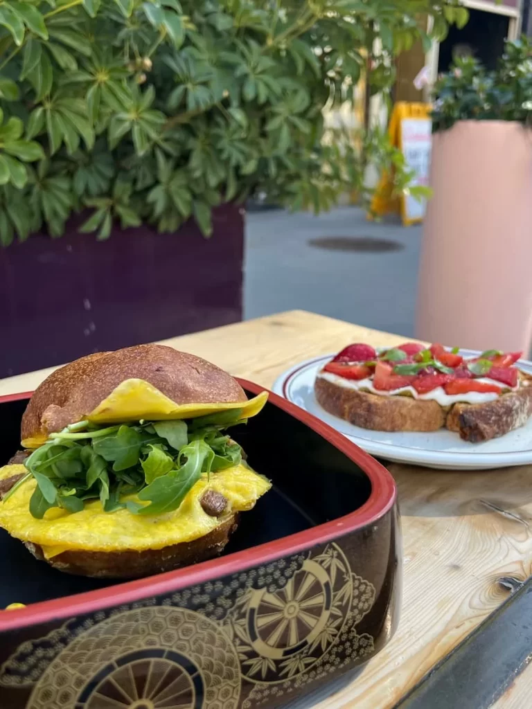 Starwberry french toast and vegan breakfast sandwich at The Invigatorium, San Diego