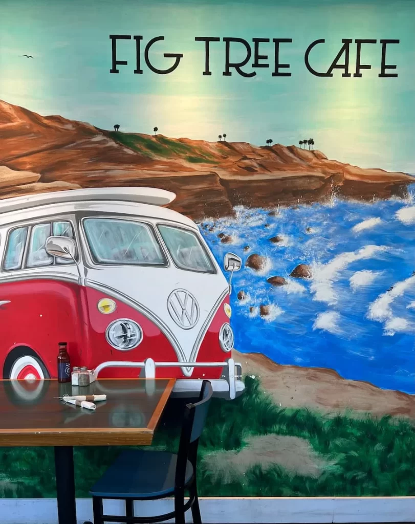 Fig Tree Cafe mural with red and white camper van, San Diego