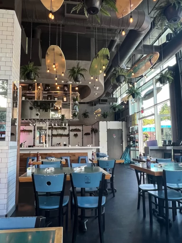 Fig Tree Cafe, San Diego interiors with bar and hanging glasses in the background