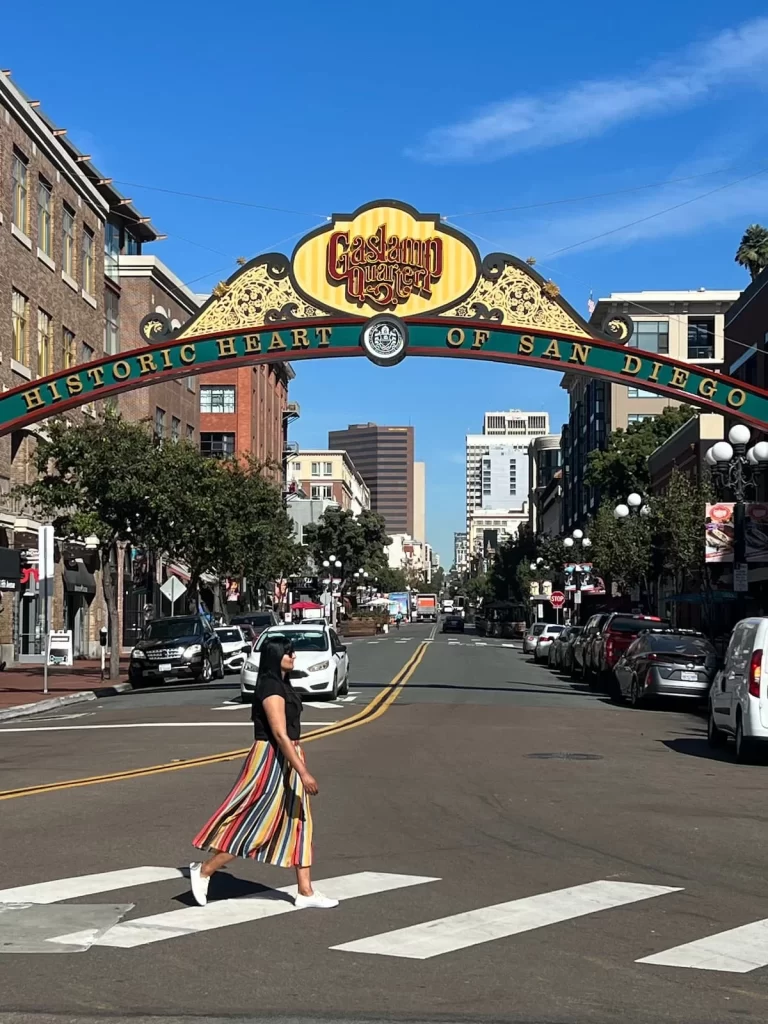 Bejal crossing the road at the Gaslamp Quarter Archway