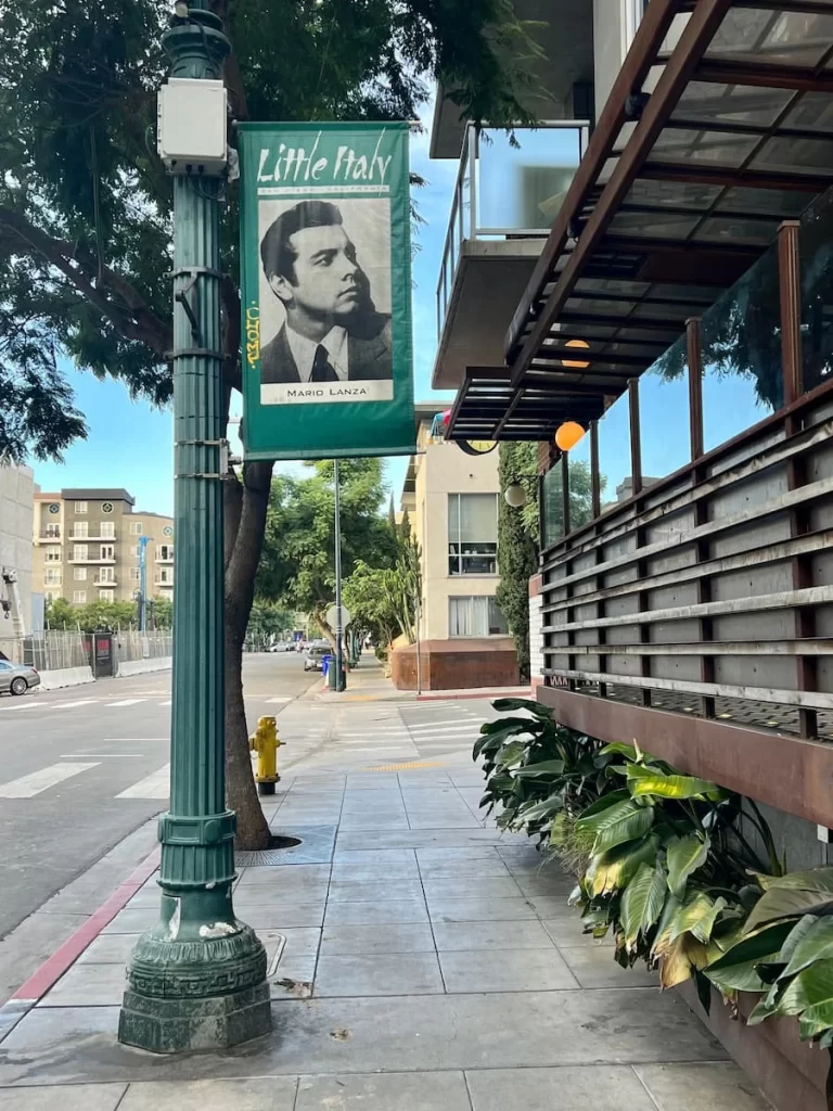 Signs on lamp posts in Little Italy, San Diego