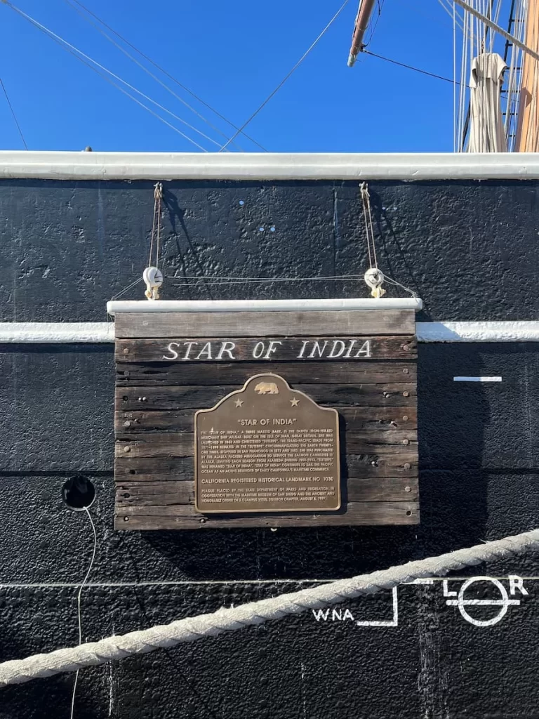Star of India, historic landmark sign at the Maritime Museum, San Diego