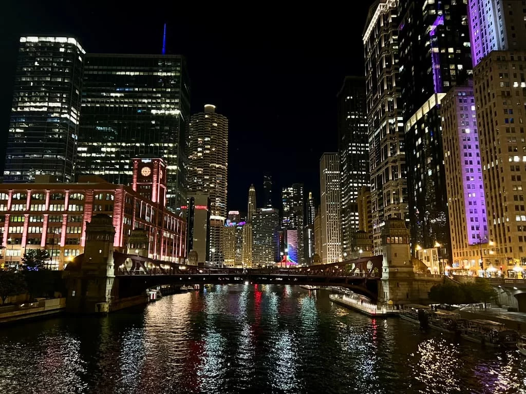 Chicago Riverwalk Skyline from Wells Street Bridge at night